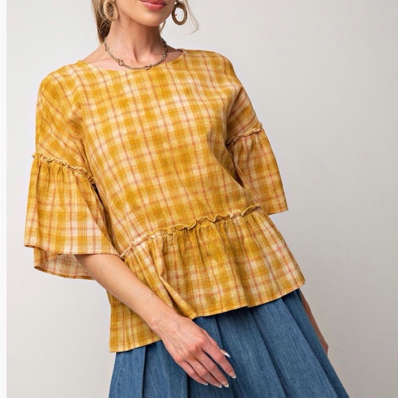 Easel Mustard Plaid Ruffle Sleeve Top - Picture 4 of 5